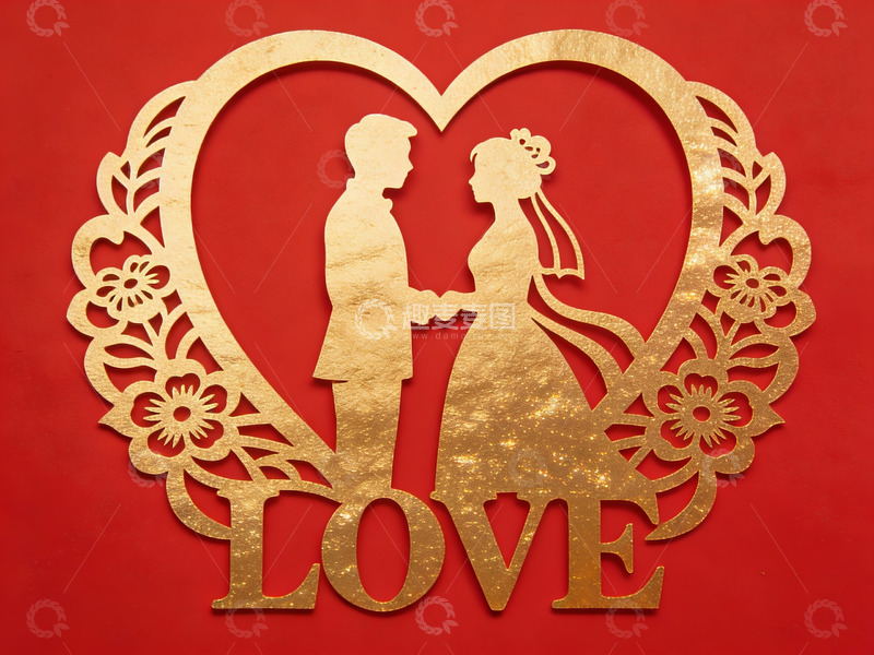 高清大图下载【趣麦麦图】金色心形剪纸婚恋图案