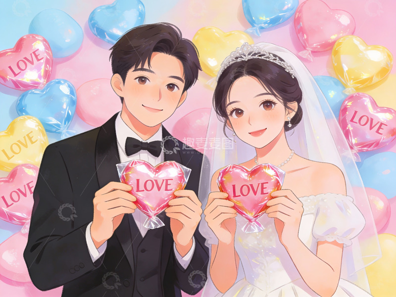 高清大图下载【趣麦麦图】新人手持爱心糖果合影