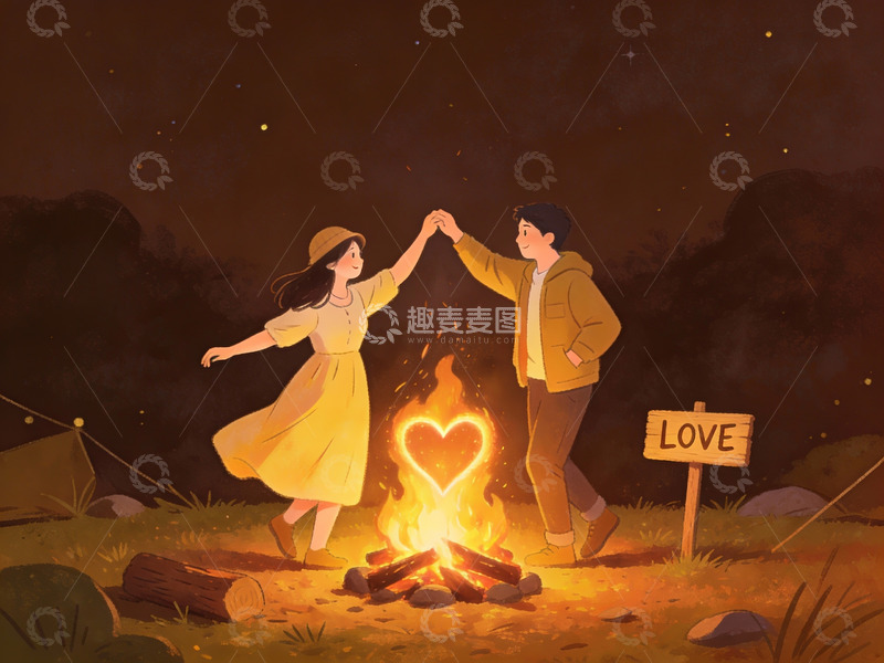 高清大图下载【趣麦麦图】情侣篝火旁共舞