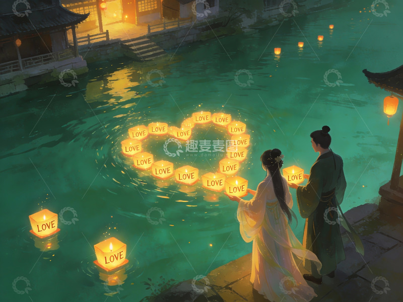 高清大图下载【趣麦麦图】情侣在水边放河灯