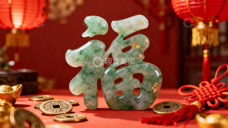 高清大图下载【趣麦麦图】翡翠福字摆件配传统装饰