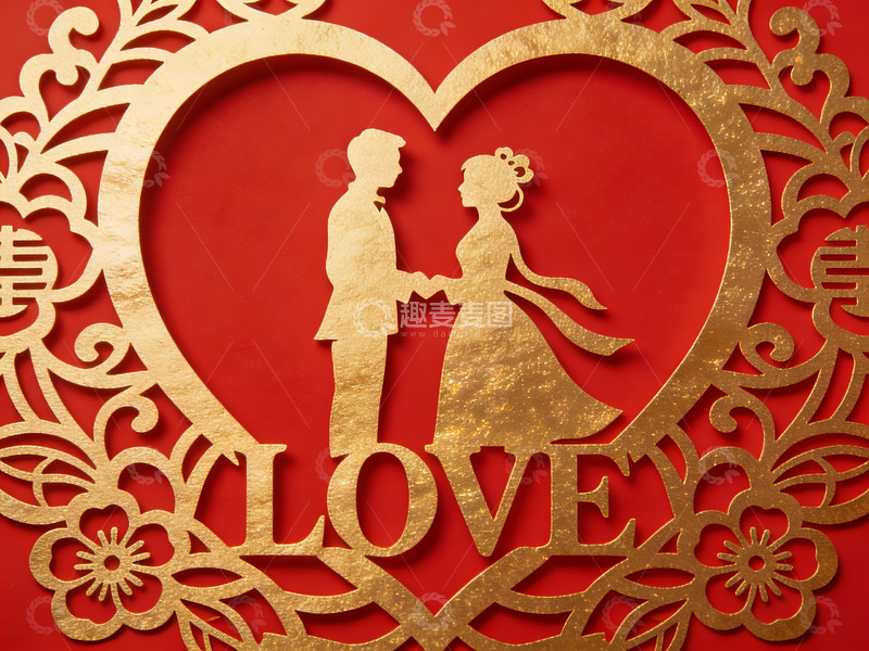 高清大图下载【趣麦麦图】金色剪纸婚恋图案