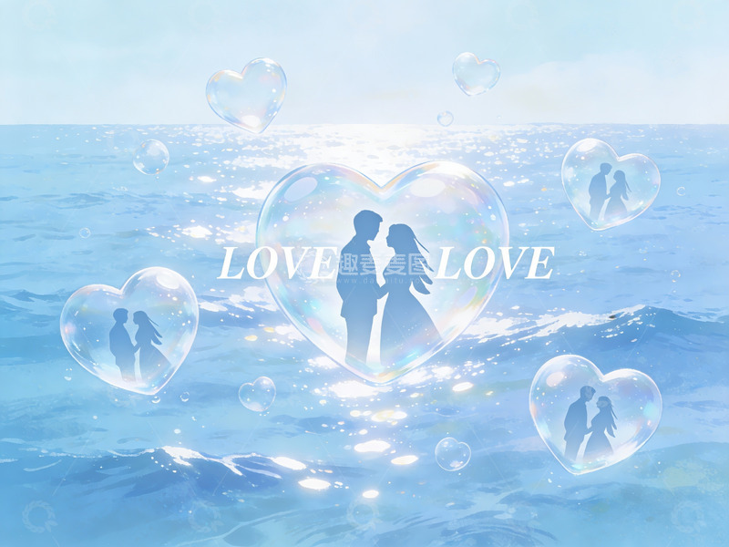 高清大图下载【趣麦麦图】情侣剪影与心形泡泡海洋