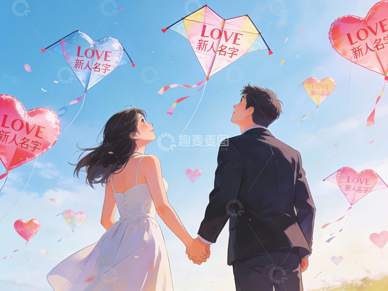 高清大图下载【趣麦麦图】新人牵手放飞爱心风筝