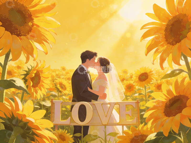 高清大图下载【趣麦麦图】向日葵花田中的新人拥抱