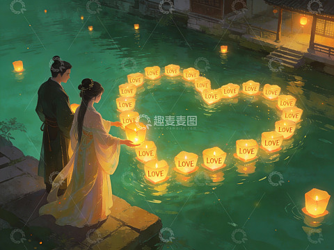 情侣放河灯许愿