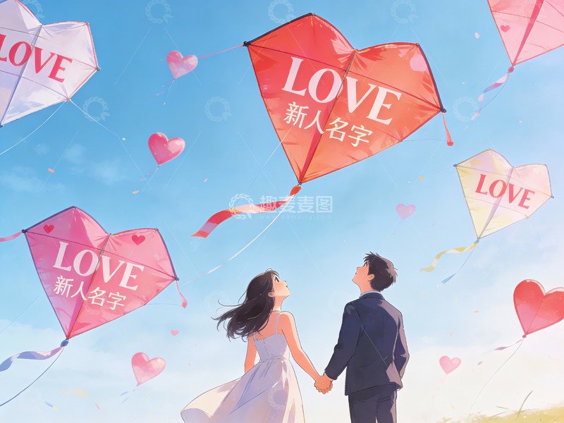高清大图下载【趣麦麦图】新人携手放飞爱心风筝