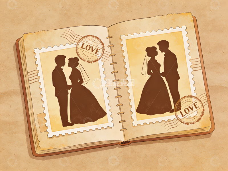 高清大图下载【趣麦麦图】复古婚书剪影插画