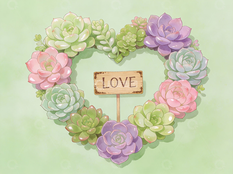 高清大图下载【趣麦麦图】多肉植物爱心花环