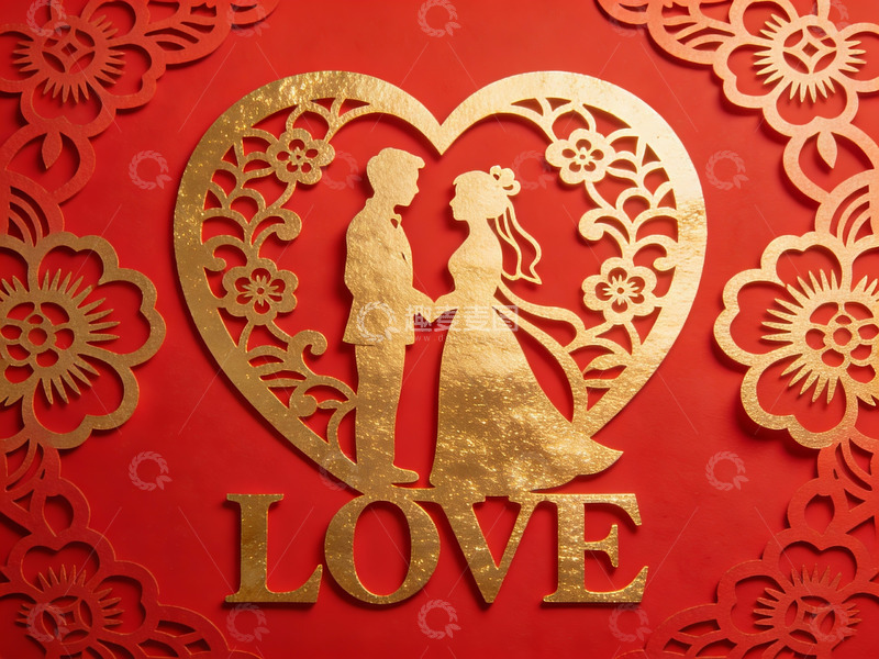 高清大图下载【趣麦麦图】金色心形剪纸情侣图案