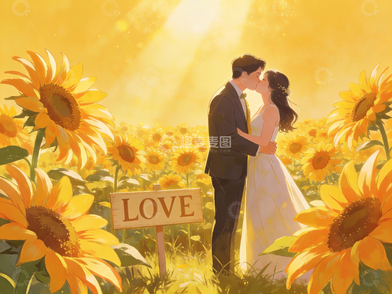 高清大图下载【趣麦麦图】向日葵花田中的情侣亲吻