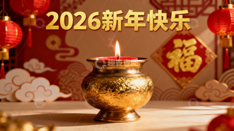 高清大图下载【趣麦麦图】新年庆祝金色烛台与红灯笼