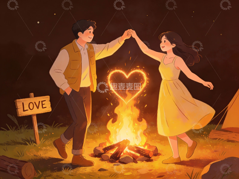 高清大图下载【趣麦麦图】情侣篝火旁共舞