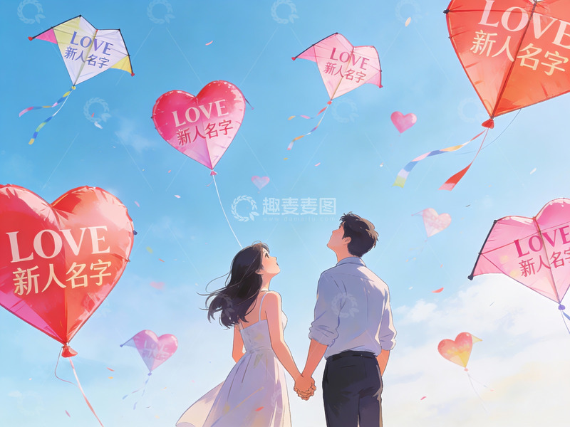 高清大图下载【趣麦麦图】情侣手牵手仰望爱心气球