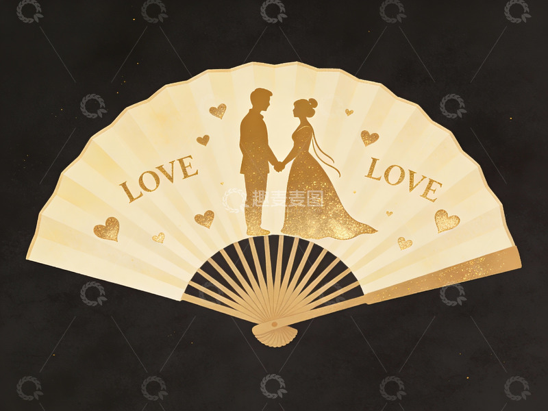 高清大图下载【趣麦麦图】金色扇面情侣剪影图案