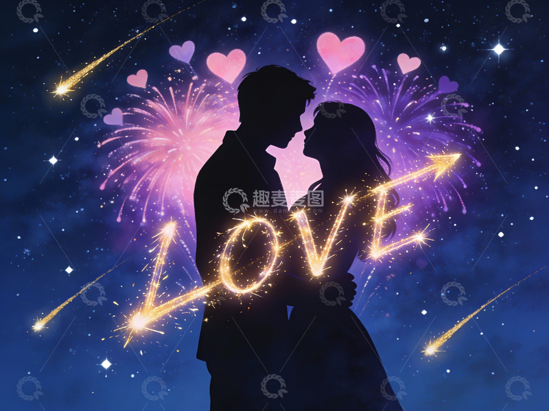 高清大图下载【趣麦麦图】情侣剪影与星空烟花