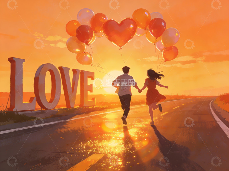 高清大图下载【趣麦麦图】情侣手牵手奔跑在夕阳下的公路