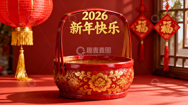 高清大图下载【趣麦麦图】新年红色竹篮与灯笼装饰