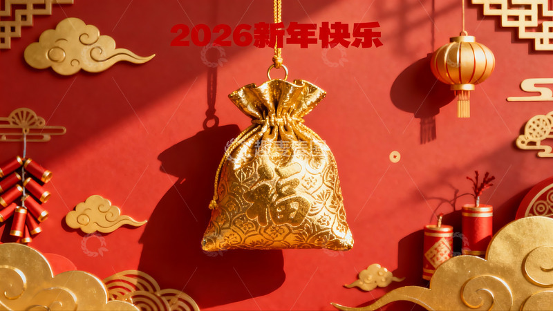 高清大图下载【趣麦麦图】新年红色背景金色挂饰