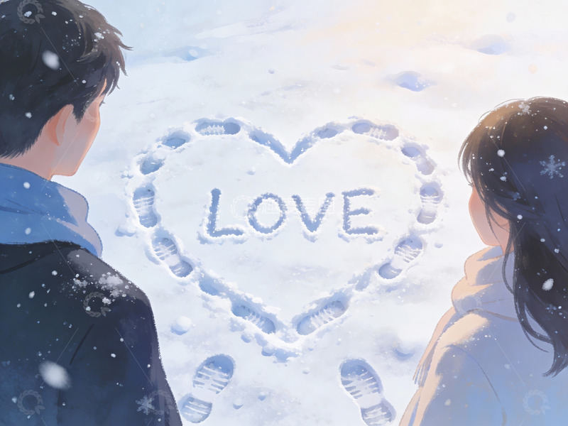 高清大图下载【趣麦麦图】雪地爱心足迹情侣背影