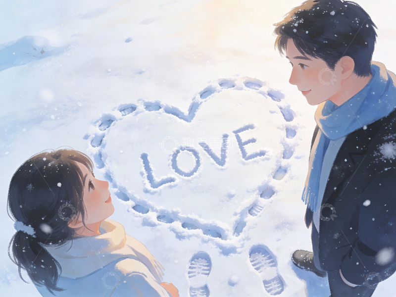 高清大图下载【趣麦麦图】雪地情侣心形足迹