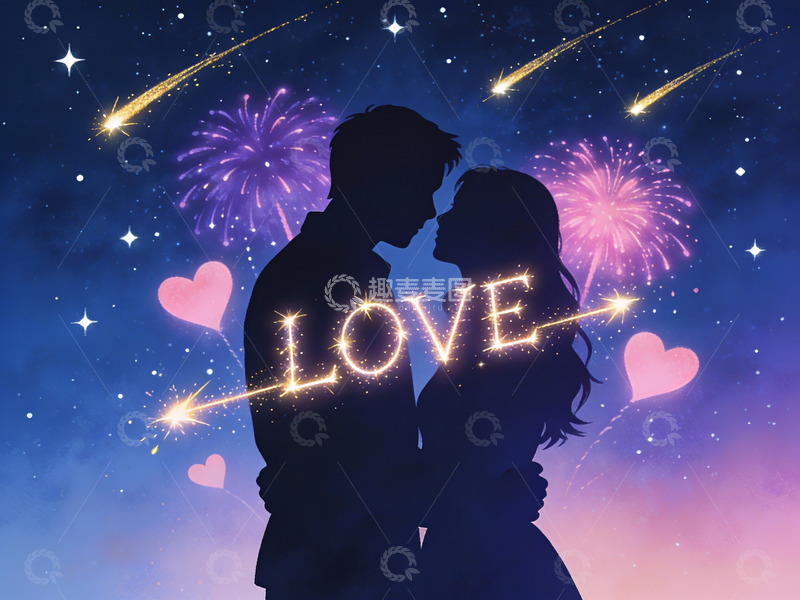 高清大图下载【趣麦麦图】情侣剪影与星空烟花