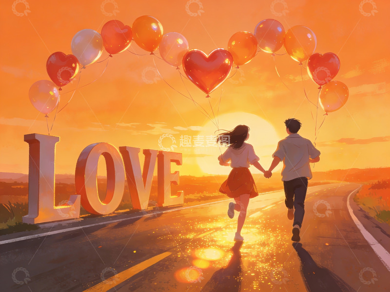 高清大图下载【趣麦麦图】情侣牵手奔跑在夕阳下的公路