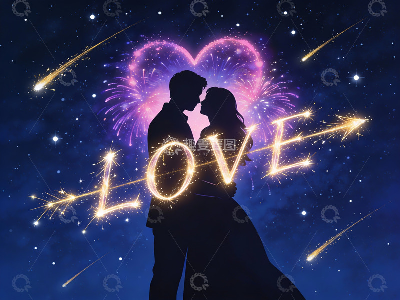高清大图下载【趣麦麦图】情侣剪影与星空烟花