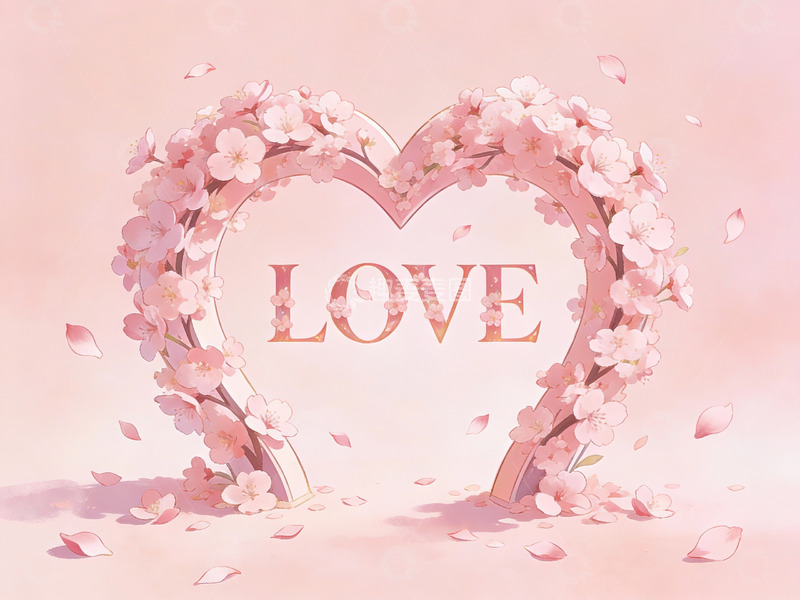高清大图下载【趣麦麦图】樱花心形花环中的爱字
