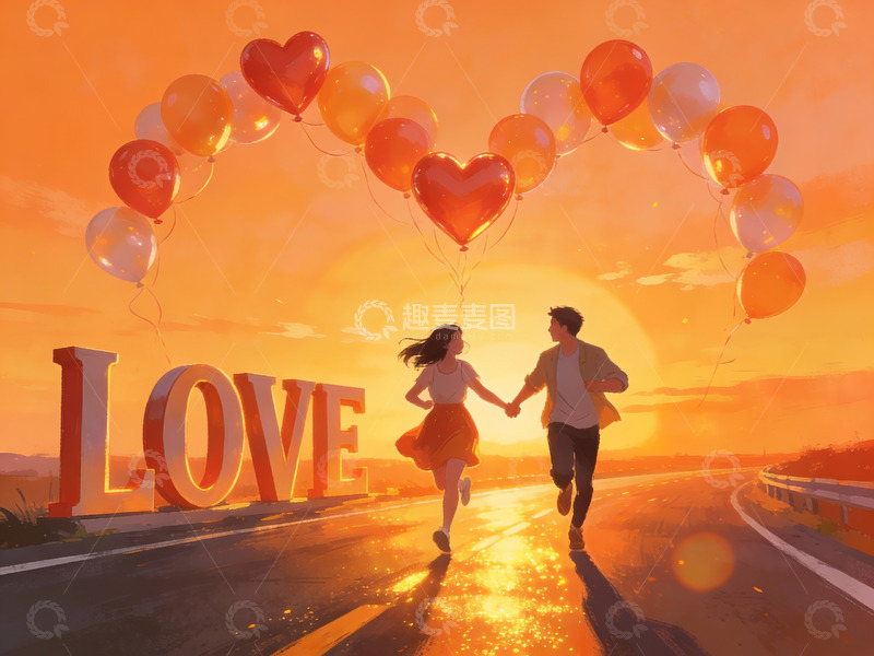 高清大图下载【趣麦麦图】情侣牵手奔跑于夕阳下的公路