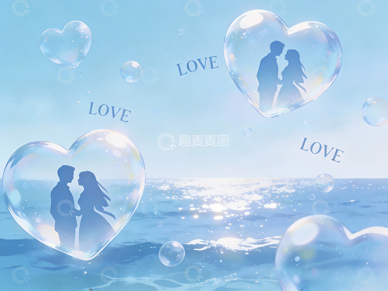 高清大图下载【趣麦麦图】情侣剪影与心形气泡海洋背景