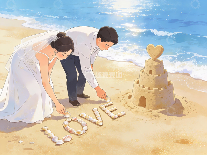 高清大图下载【趣麦麦图】新人沙滩堆沙堡写爱字