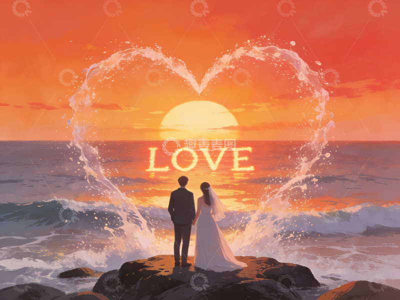 高清大图下载【趣麦麦图】情侣海边日落心形水花
