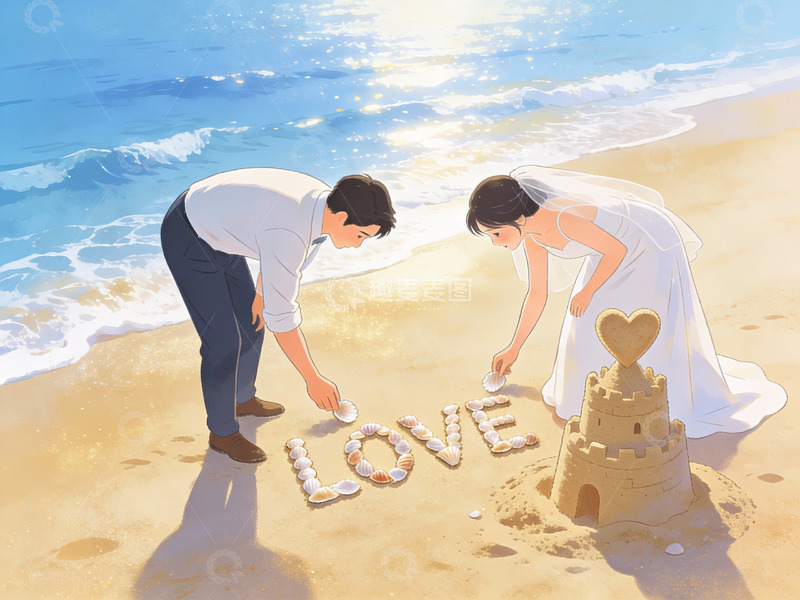 高清大图下载【趣麦麦图】情侣沙滩写爱字