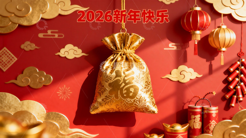 高清大图下载【趣麦麦图】新年红色背景挂饰福袋