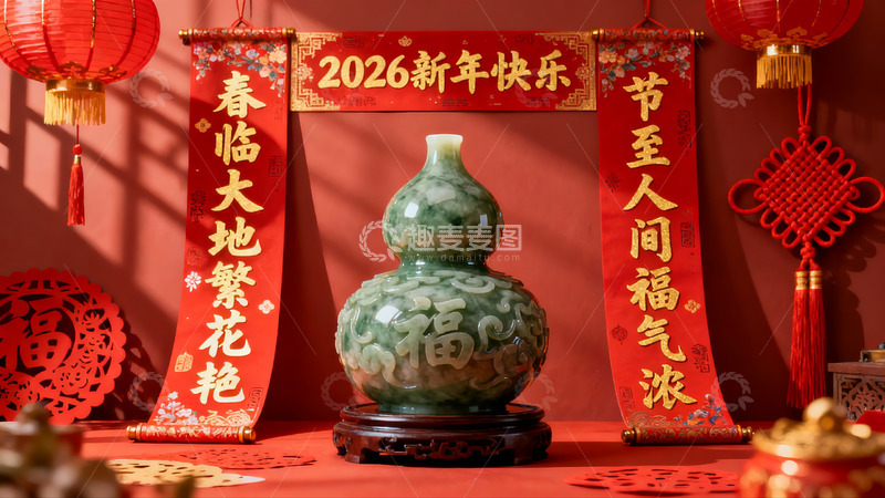 高清大图下载【趣麦麦图】新年装饰中的葫芦玉瓶与对联