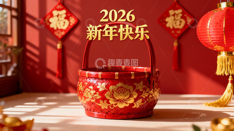 高清大图下载【趣麦麦图】新年红色竹篮装饰场景