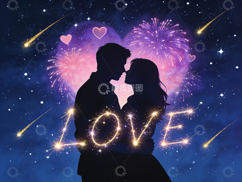 高清大图下载【趣麦麦图】情侣剪影与烟花星空