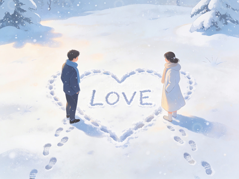 高清大图下载【趣麦麦图】雪地情侣心形足迹