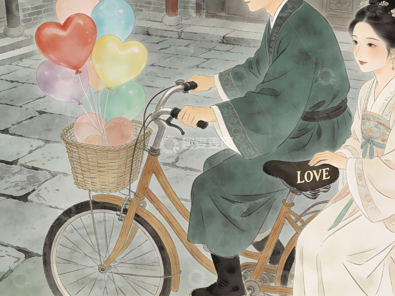 高清大图下载【趣麦麦图】古装情侣骑自行车