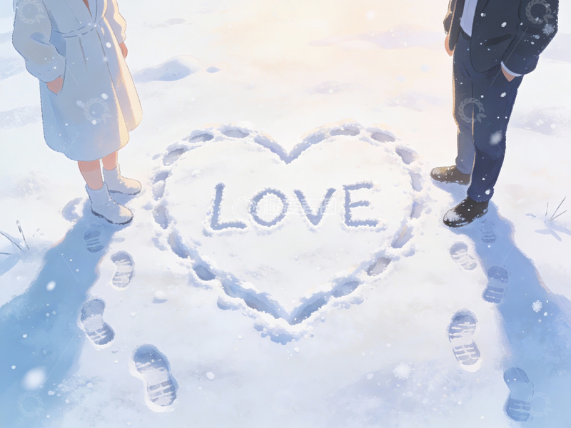 高清大图下载【趣麦麦图】雪地心形足迹与爱字