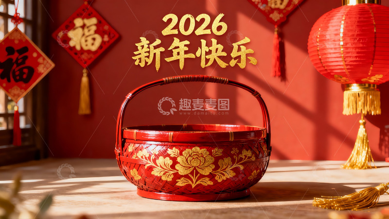 高清大图下载【趣麦麦图】新年红色篮子装饰场景