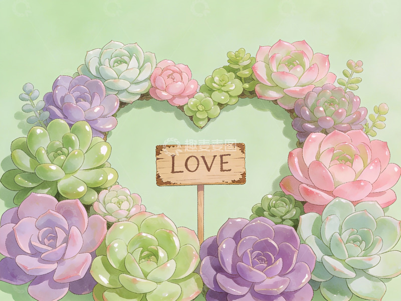 高清大图下载【趣麦麦图】多肉植物环绕爱心标志