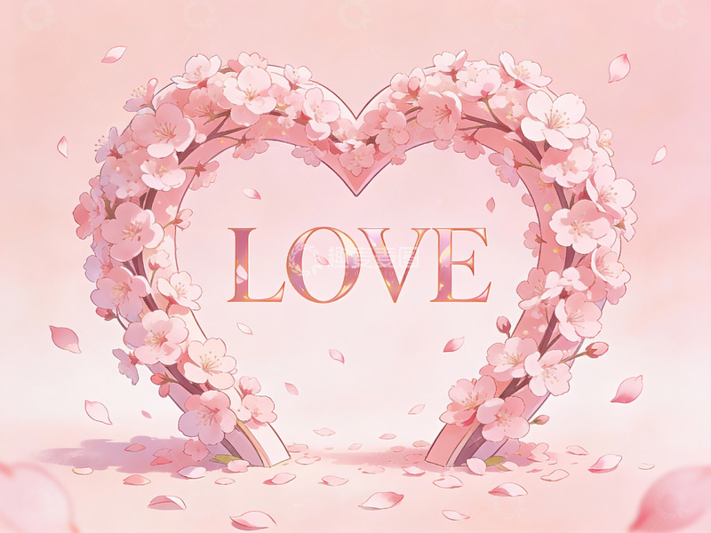 高清大图下载【趣麦麦图】樱花心形花环与爱字