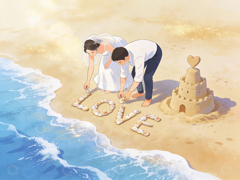 高清大图下载【趣麦麦图】情侣在沙滩上用贝壳拼写爱字