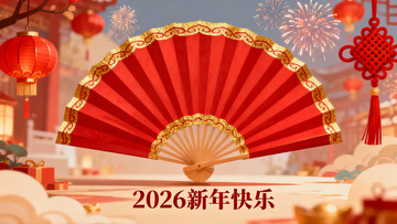新年红扇烟花灯笼贺岁图