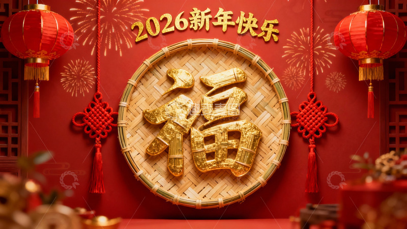 高清大图下载【趣麦麦图】新年装饰竹篮福字红灯笼