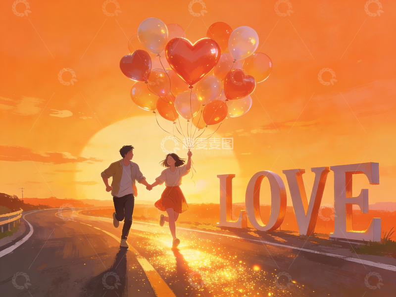 高清大图下载【趣麦麦图】情侣手牵手奔跑在夕阳下的公路