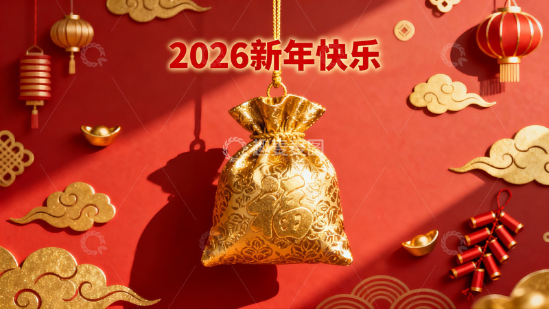 高清大图下载【趣麦麦图】新年红色背景金色挂饰