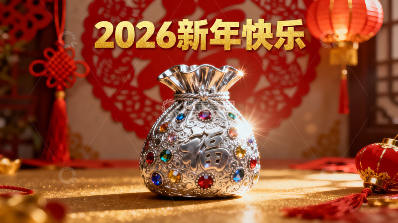 高清大图下载【趣麦麦图】新年装饰银袋与红灯笼